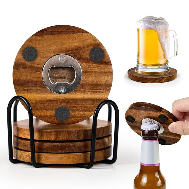 2-in-1 Wood Coasters with Bottle Opener, Set of 4 with Holder– Funny Acacia Wood Drink Coasters with Stainless Steel Openers & Non-Slip Feet – Durable and Functional for Beer or Soda Drinking