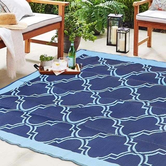 SAND MINE Reversible Mats, Plastic Straw Rug, Modern Area Rug, Large Floor Mat and Rug for Outdoors, RV, Patio, Backyard, Deck, Picnic, Beach, Trailer, Camping (5' x 8', Blue Quatrefoil)
