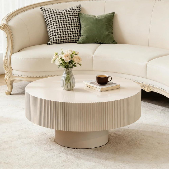 Round Drum Coffee Table with Sturdy Pedestal, Modern Wooden Fluted Coffee Table, Circle Center Table Accent Tea Table for Living Room Apartment Office Reception Room (Beige D30.9)