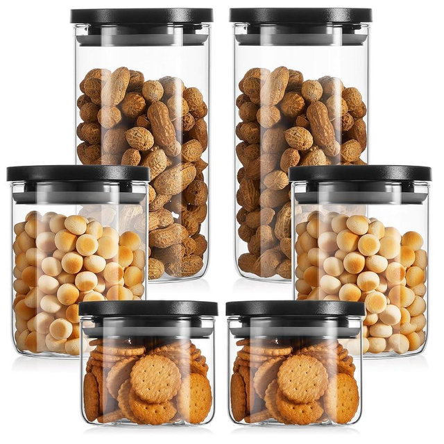Rtteri 6 Pcs Glass Jars with Black Lids 15oz 27oz 41oz Glass Canisters with Black Airtight Lids Stackable Glass Food Storage Containers Pantry Glass Storage Jars with Black PP Material Airtight Lids