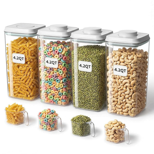 Hontent Large Pop Airtight Food Storage Containers Set with Lids 4.2Qt/4L Food Containers with Scoop, Kitchen Pantry Organization and Storage, BPA Free Stackable Cereal Container (4 * 4.2Qt)