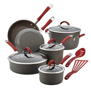 Meyer - Rachael Ray Cucina Hard-Anodized Aluminum Nonstick Cookware Set, 12-Piece, Gray, Cranberry Red Handles