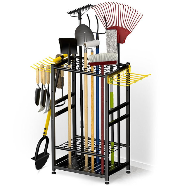 BlumeTrec Garden Tool Organizer, Up 48 Long Handle Tool, Garage Storage and Organization with Side Hook for Broom/Rake/Shovel/T-Handle Tool, Heavy Duty Steel Outdoor Tool Rack,Yard Tool Stand for Shed