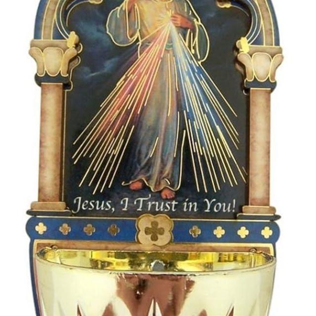 Divine Mercy Gold Embossed Laser Cut Wood Multi-Dimensional Holy Water Font, 5 Inch