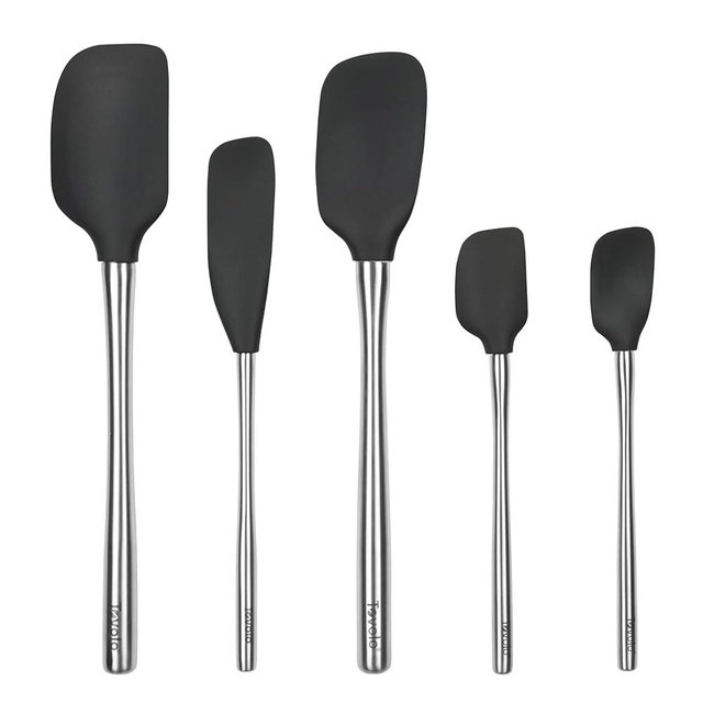 Tovolo 5-Piece Spatula Stainless Steel & Silicone Utensil Set (Black): Spatula, Spoonula, Jar Scraper, Mini Spatula, and Mini Spoonula