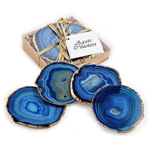 Set of 4 24k Gold Gilt-Edged Blue Agate Coasters