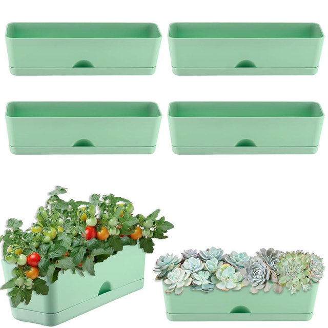 6 Pack Rectangle Planter 16x4.4 Inch Window Boxes Planters Rectangular Large Window Sill Planters Indoor Self Watering Plant Pots with Drainage Holes and Saucers Succulent Herb Flower Pots, Green