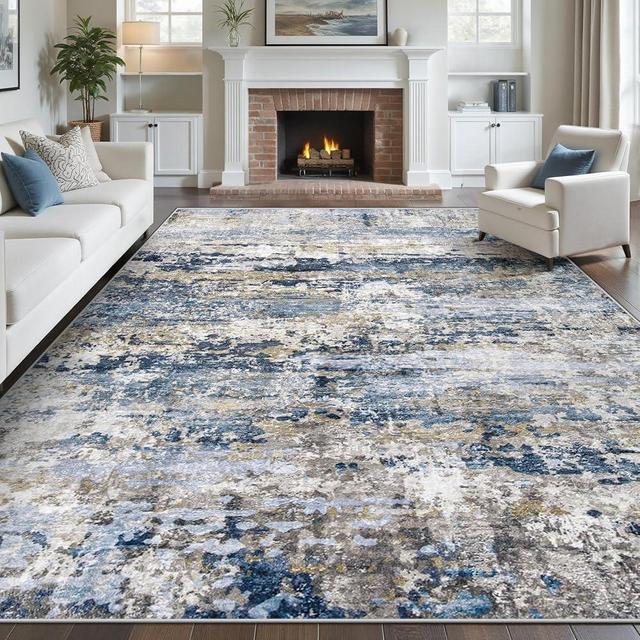 Area Rugs 8x10 for Living Room: Washable Rug Modern Abstract Neutral Soft Non-Slip Low-Pile Indoor Large Carpet for Bedroom Dining Room Playroom Home Office (Blue Grey Brown, 8'x10')