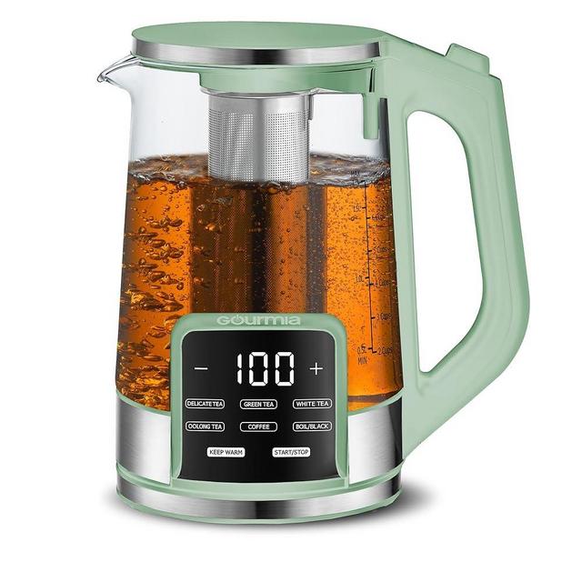 Gourmia Electric Programmable Glass Kettle – 1.7L Temperature Control Tea & Coffee Kettle with Digital Touch Display, 6 Presets, Keep Warm, Removable Stainless Steel Infuser, 360° Swivel Base – Green