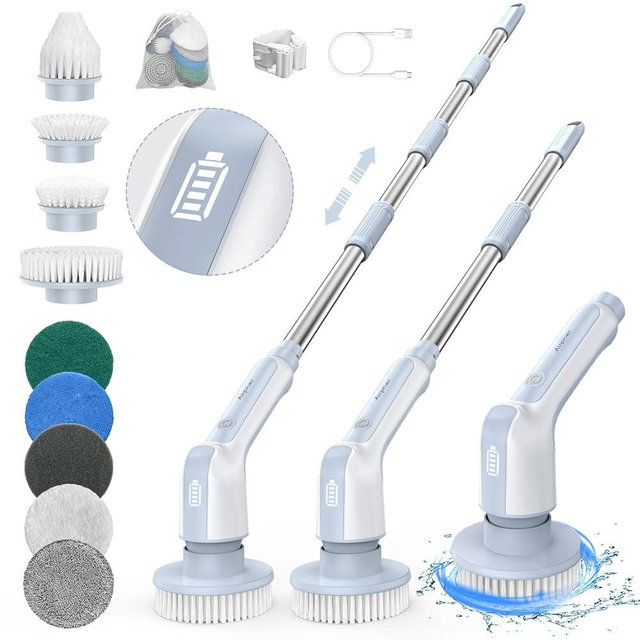 Airpher Electric Spin Scrubber, 2024 Upgraded IPX8 Cordless Cleaning Brush with 9 Replaceable Brush Heads, Detachable as Short Handle, Shower Cleaning Scrubber for Bathroom Tub Tile Kitchen Window