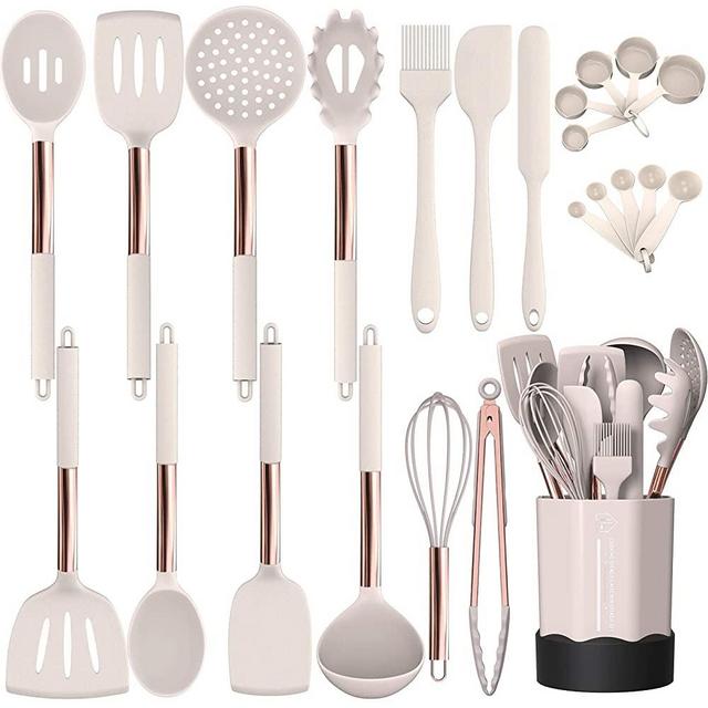 Silicone Cooking Utensil Set, Fungun Kitchen Utensils Set with Stainless Steel Handle 24 Pcs Kitchen Gadgets Cookware Set, Non-stick Heat Resistant Kitchen Tool Set - Khaki