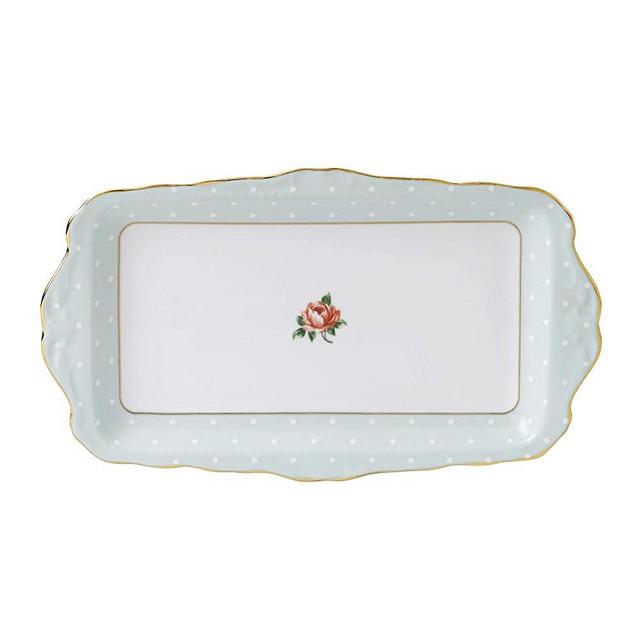 Royal Albert Polka Rose Sandwich tray, Mostly White with Green Multicolored Floral Print