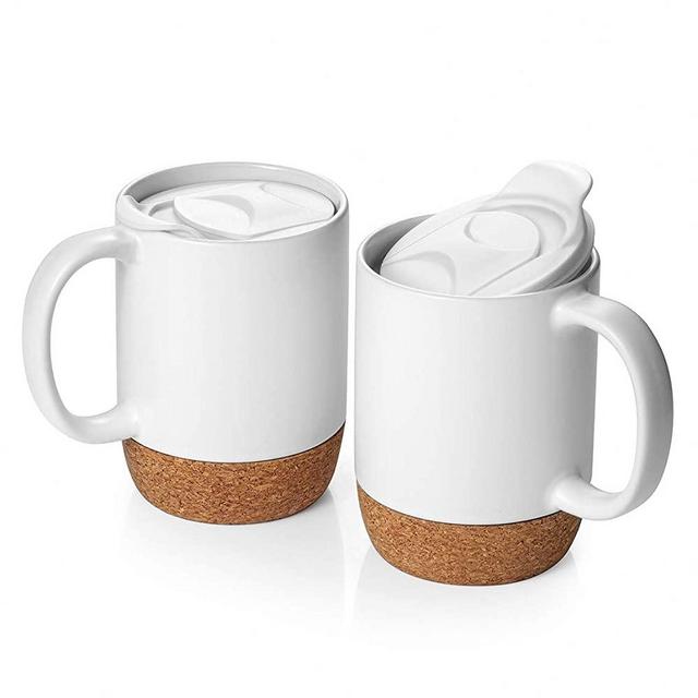 DOWAN 15 oz Coffee Mug Sets, Set of 2 Large Ceramic Mugs, with Insulated Cork and Splash Proof Mug Lid, Matte White