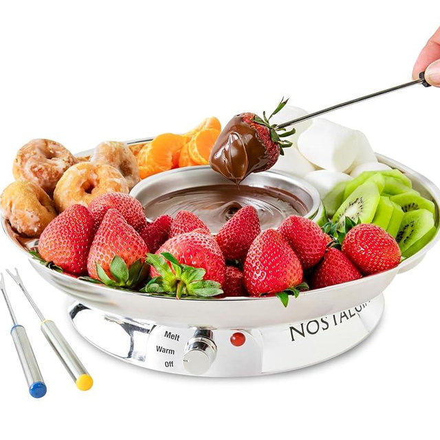 Nostalgia 10-Ounce Deluxe Stainless Steel Electric Fondue Party Set for Melted Chocolate, Cheese, or Sauce, with Detachable Food Tray, Variable Temperature Control and 4 Color Coded Dipping Forks