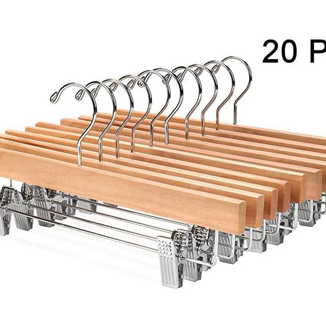 Nature Smile 20 Pack Solid Lotus Wood Deluxe Wooden Pants Hangers Bottom Hanger Jeans Hanger Skirt Hanger with 2-Adjustable Clips Anti Rust Hook Natural Color