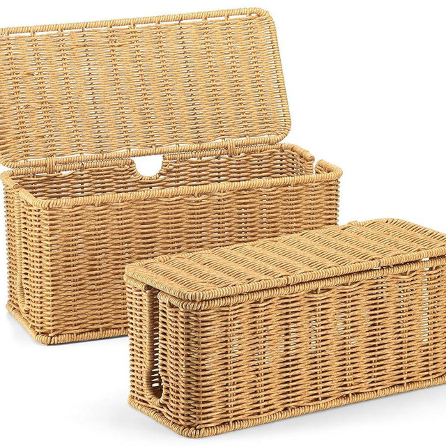 2Pack Large Cable Management Box, Handwoven Imitation Rattan Cord Organizer Wire Hider Box, Desk Cord Management to Hide Cords and Power Strips