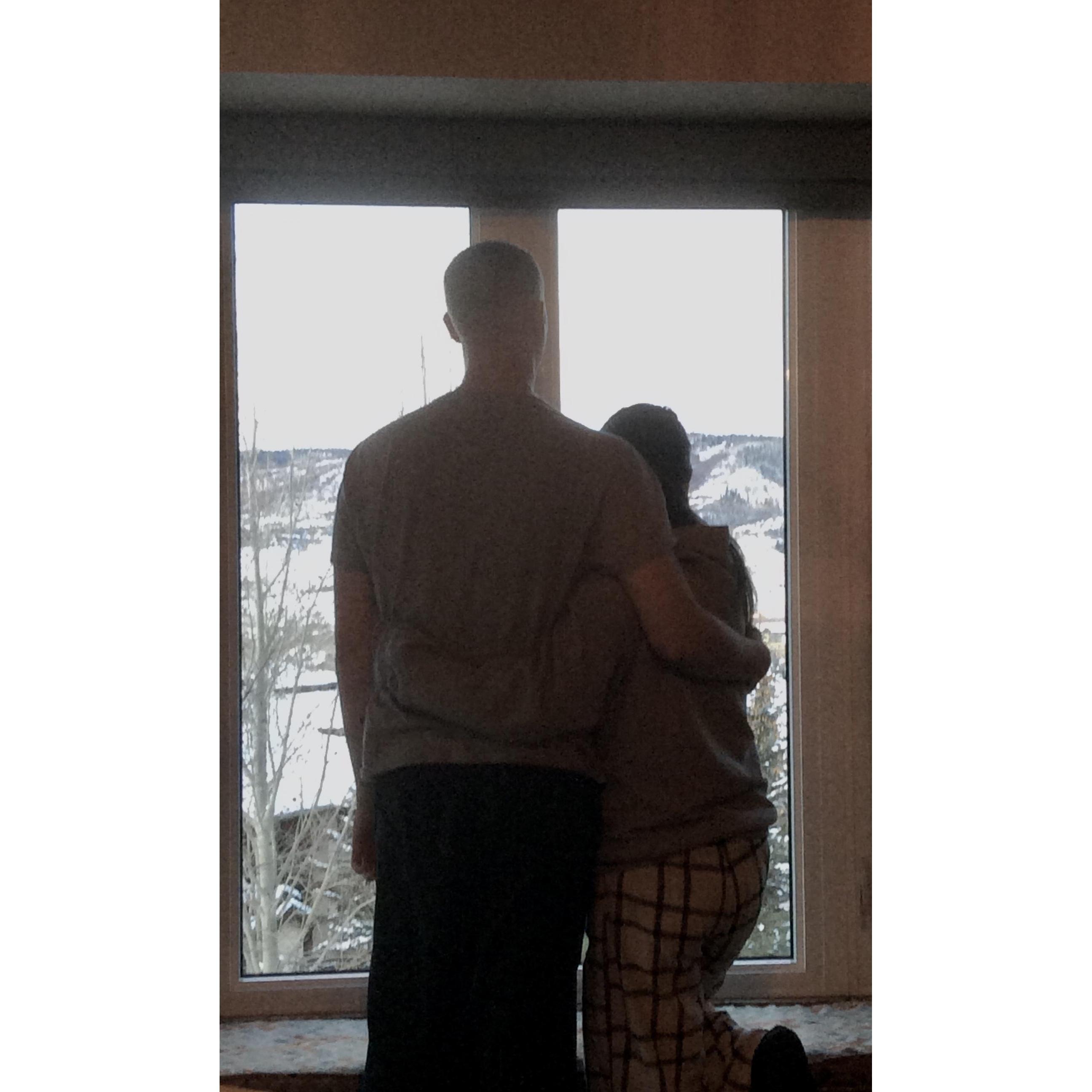 Looking out at the snow in Steamboat, Colorado. Excited to start skiing (after a couple of cups of coffee).