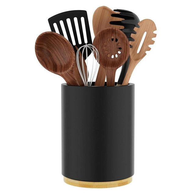 Segtenant Black Utensil Holder Wood Kitchen Utensil Holder for Countertop, 360°Rotating Cooking Utensil Crock for Counter, 7.2" Large Utensil Organizer for Spatula Kitchen Decor