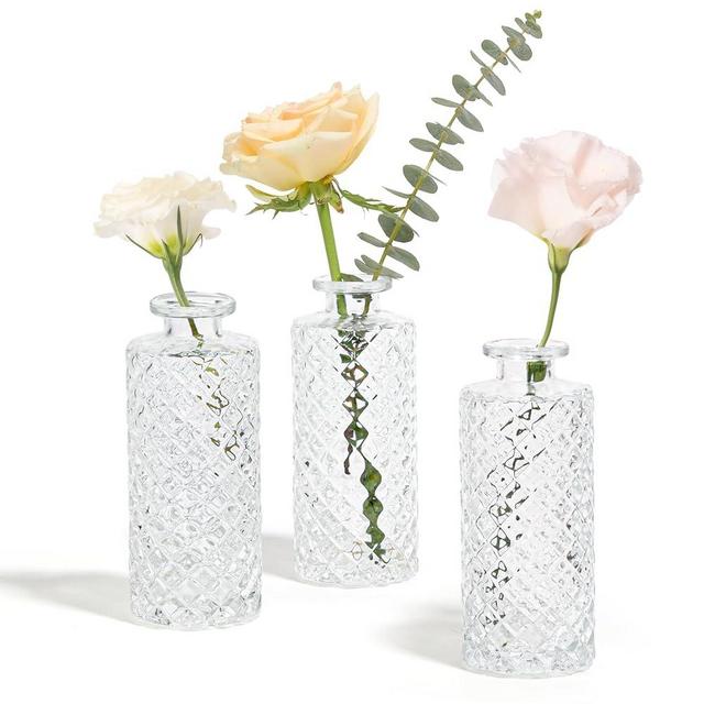 ComSaf Glass Bud Vases Set of 3, Small Flower Vases in Bulk, Mini Diamond Vases for Centerpieces, Clear Vintage Vases for Table Decorations, Wedding, Party, Receptions, Home Decor