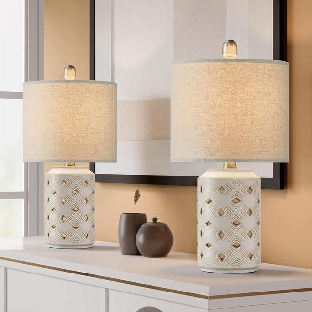 USumkky 18.5" Farmhouse Ceramic Table Lamps Set of 2 Retro Rustic Nightstand Hollow Lamps for Bedroom Home Office Dorm