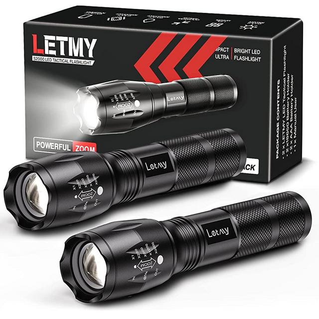 LETMY LED Tactical Flashlight S1000 PRO - 2 Pack Bright, Military Grade XML T6 High Lumens Flashlights - Portable Handheld Flash Lights with 5 Modes, Zoomable, Waterproof for Camping Outdoor Emergency