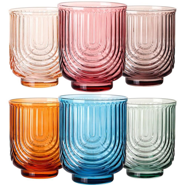 JOVGANK Colored Vintage Drinking Glasses Set of 6-14Oz Colorful Drinking Glasses, Art Deco Ripple Highball Glass, Whiskey Cocktail Glasses, for Bar Coffee Juice, Housewarming and Mother's Day Gift