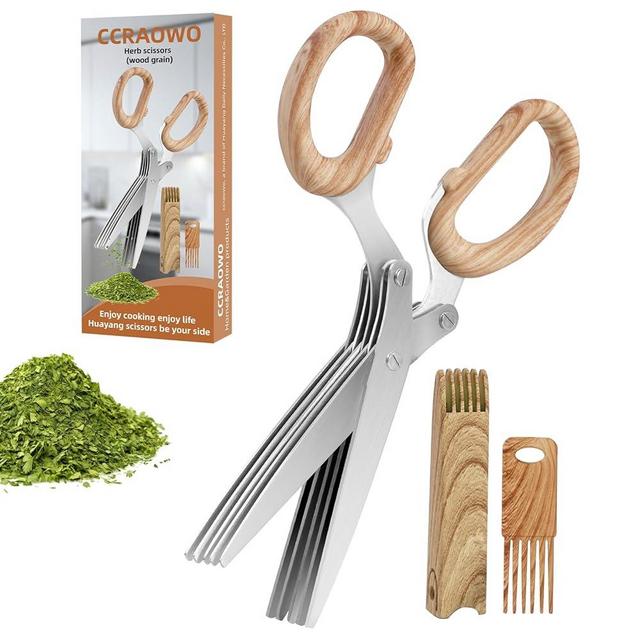2024 New Herb Scissors Set - Wood Grain Pattern 5 Blades with Cover and Comb - Skin-Friendly Handle, Delicate Grip - Dishwasher Safe, Anti-Rust Stainless Steel for Cutting Fresh Garden Herbs