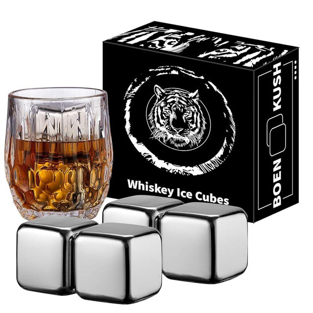 4 Large Whiskey Stones 64 cm³ (4 cu in) - Man Gift Set - Reusable Stainless Steel Metal Ice Sphere Cubes Beverage Chilling Rocks Whiskey Stones for Red Wine, Bar Beer, Scotch, Vodka Drinks - Silver