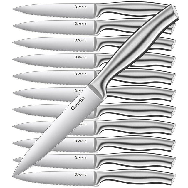 D.Perlla Steak Knives 12 Pieces Micro Serrated Steak Knife Set High Carbon Stainless Steel Steak Knives Set, Elegant Sharp Kitchen Steak Knife Set, Silver