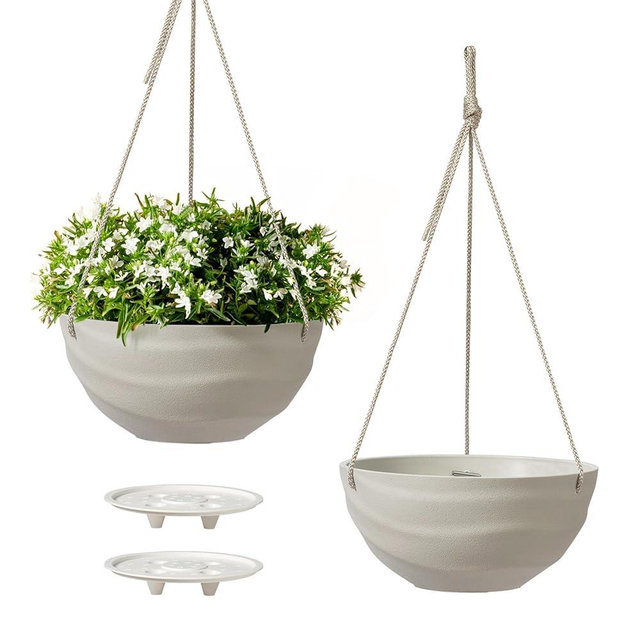 La Jolie Maison 10 Inch Hanging Planters for Indoor Plants, Outdoor Garden Planter Pots with Self-Watering Tray, Oatmeal, Set of 2