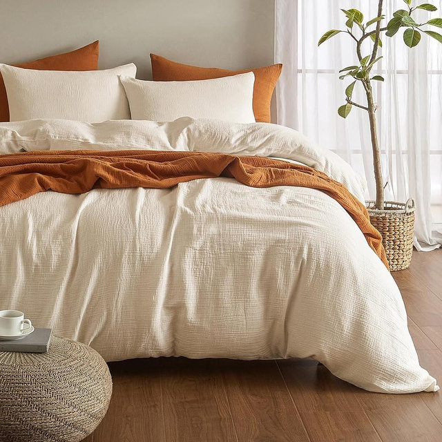 SE SOFTEXLY Muslin Duvet Cover Oversized King Size, 100% Washed Cotton Duvet Cover Set, Ultra Soft Comforter Cover Linen Like, 3 Pieces Gauze Duvet Cover with 2 Pillowcases, 98"x120", Off-White