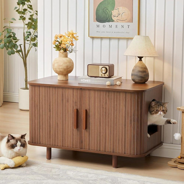 RUSTYER Fluted Cat Litter Box Enclosure Furniture with Litter Collector, 35" Large Hidden Litter Box Cabinet with Sliding Door, Indoor Cat House Kitty Litter Box for Hallway Bedroom,Walnut