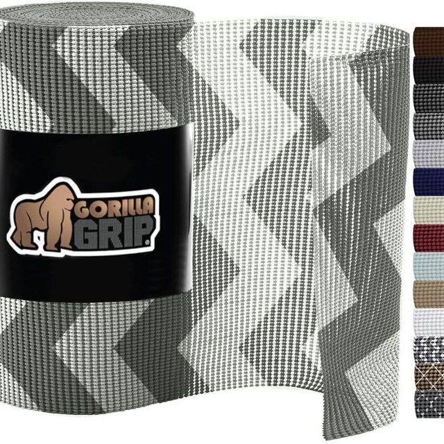Gorilla Grip Drawer Shelf and Cabinet Liner, Thick Strong Grip, Non-Adhesive Liners Protect Kitchen Cabinets and Cupboard, Bathroom Drawers, Easy Install, Breathable Mat, 12" x20', Chevron Gray White