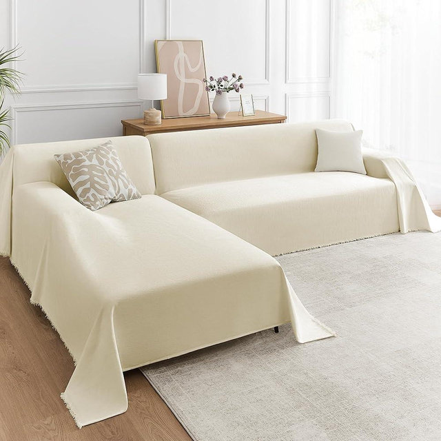 Maymiss Sectional Couch Covers 2-Piece Set for L-Shaped Sofas, Pet Friendly Washable Furniture Protector, Chenille Couch Blanket Fits 2-3 Cushion Couches(71"x118"+71"x118", Beige)