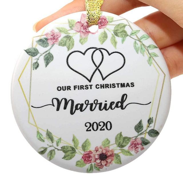 Our First Christmas Married 2020 Wedding Ornament, Newlywed Couples Keepsake Wedding Present, Flat Ceramic Ornament with Gold Ribbon