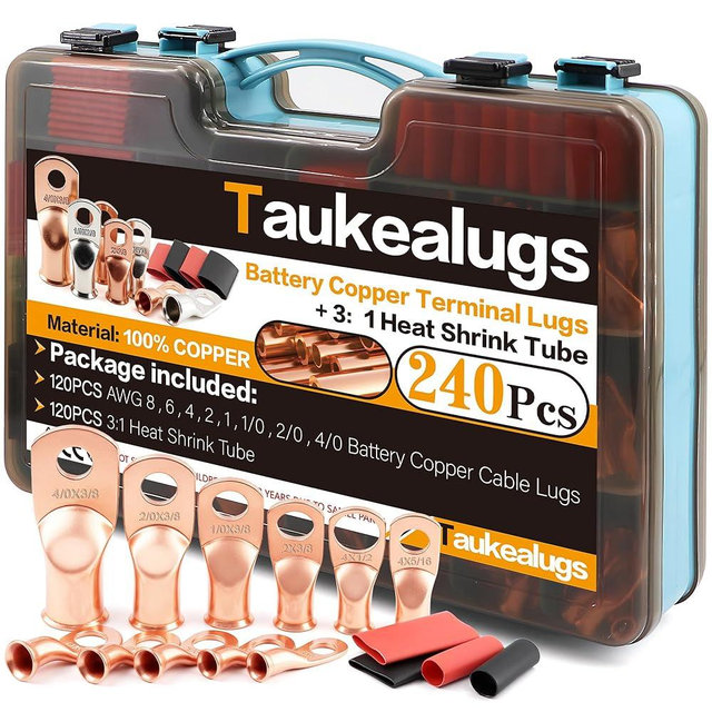 240Pcs Battery Cable Terminals Crimp Connector AWG8 4 6 2 1 1/0 2/0 4/0 Gauge 1/4 5/16 3/8 1/2 inch Copper Ring Lugs Wire Ends Assortment with 3:1 Heat Shrink Tube kit in Two-Side Box