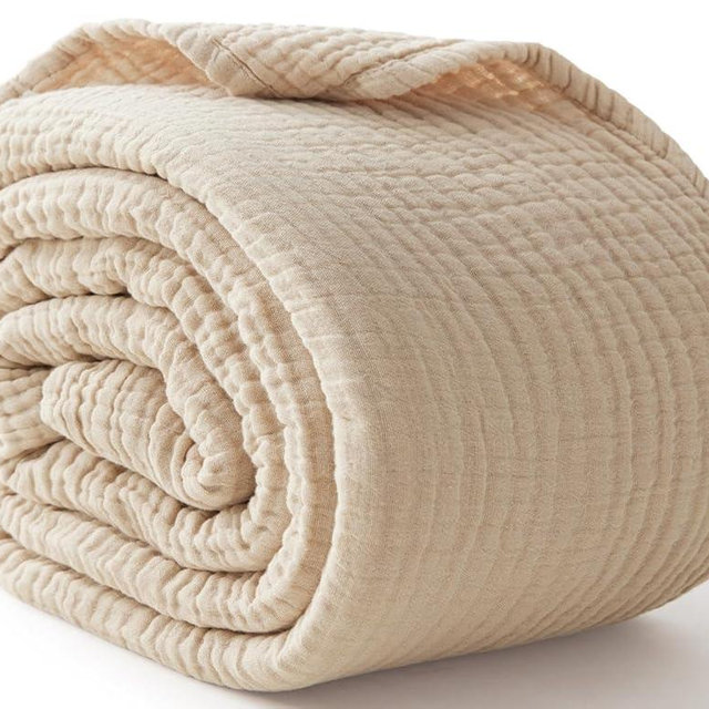 100% Cotton Muslin Blanket Queen 90" x 90", 6 Layers Breathable and Lightweight Cotton Throw Blanket for Bed, Soft Quilt Bedspread Coverlet, Gauze Blanket for Adults All Season, Beige Linen, Oatmeal