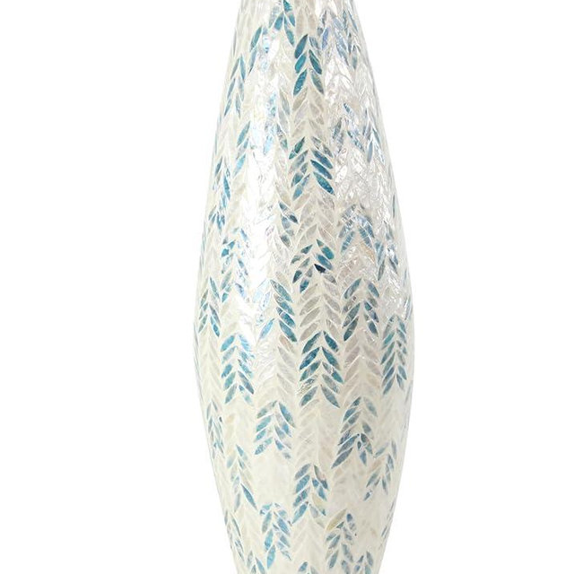 Deco 79 Mother of Pearl Handmade Tall Mosaic Vase with Blue Accents, 10" x 10" x 33", White, LARGE SIZE