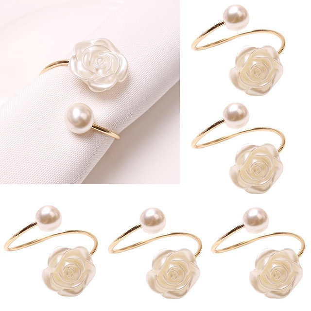WELLYUK 6PCS Rose Napkin Rings, White Pearl Flower Napkin Holder Set for Dinner Wedding Banquet Valentines Day Party Restaurant Kitchen Table Setting