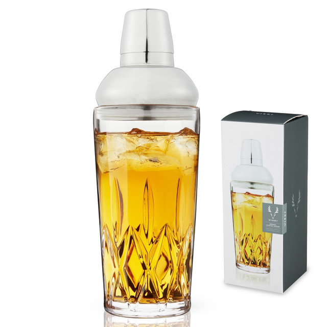 Viski Admiral Cocktail Shaker - Cut Crystal Tumbler with Stainless Steel Cap and Strainer - Dishwasher Safe 25oz Set of 1, Clear