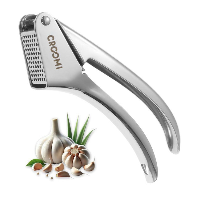 Croomi Garlic Press Stainless Steel - Premium Professional Mincer Tool - Rust Proof & Dishwasher Safe - Garlic Presser & Masher - Ginger Crusher with Soft Ergonomic Handle - Easy to Squeeze & Clean