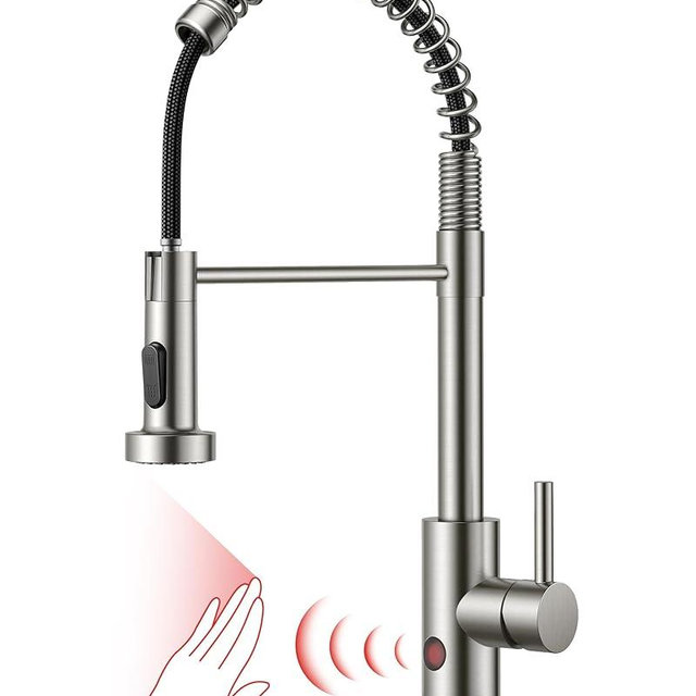 FORIOUS Touchless Kitchen Faucet Brushed Nickel, Smart Motion Sensor Spring Sink Faucet with Pull Down Sprayer Commercial Contemporary Hands-Free for Pot Filler, Farmhouse Camper Laundry Camper