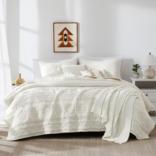 WDCOZY Boho Ivory Quilts Queen Size Bedding Sets with 2 Pillow Shams, Cream White Farmhouse Lightweight Soft Bedspread Coverlet for All Season, 3 Pieces, 90x90 inches