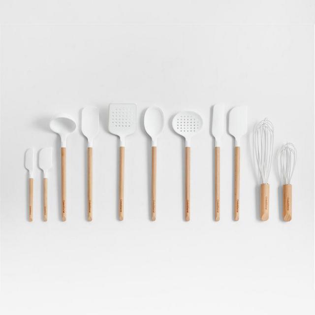 Crate & Barrel White Silicone and Wood Utensils, Set of 11