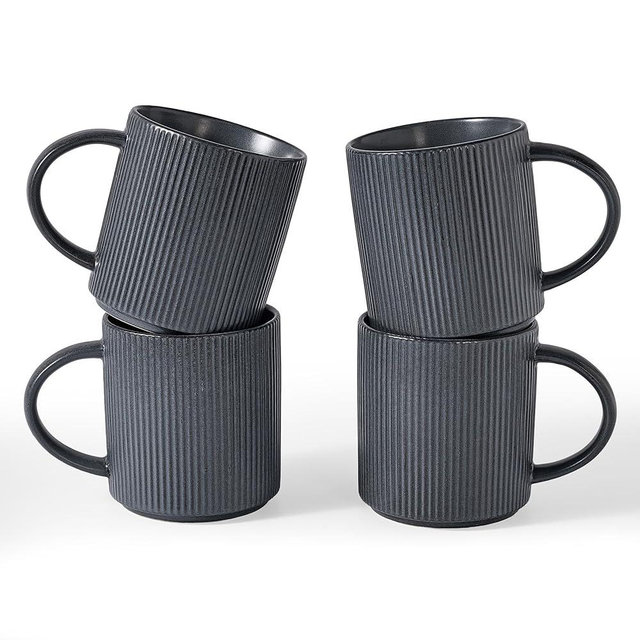 famiware Coffee Mug Set for 4, Star 16 oz Catering Mugs Cup Set with Handle for Coffee, Tea, Cocoa, Milk - Ceramic Stoneware Drinkware Set, Matte Dark Charcoal