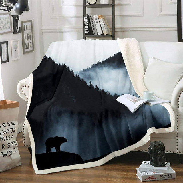 Erosebridal Bear Fleece Blanket Smoky Mountain Blanket Throw Fog Trees Sherpa Blanket for Kids Teen Boys Man Adults Wild Animal Natural Scenery Fuzzy Blanket Bedroom Decor Throw 50"x60" White Black