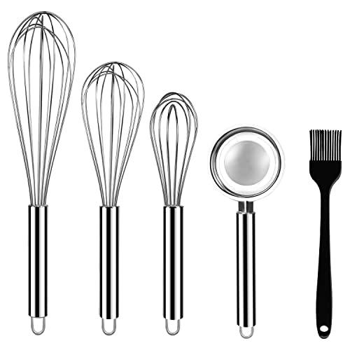 Stainless Steel Whisks, ONME 3 Pack Kitchen Whisks with Stainless Steel Egg Separator and Silicone Cooking Brush, 8" 10" 12" Balloon Wire Whisk for Blending, Whisking, Beating, Stirring, Set of 5