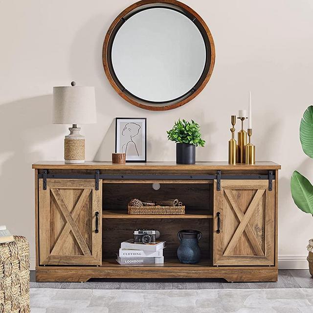 Amerlife TV Stand Sliding Barn Door Farmhouse Wood Entertainment Center, Storage Cabinet Table Living Room with Adjustable Shelves for TVs Up to 65", Reclaimed Barnwood