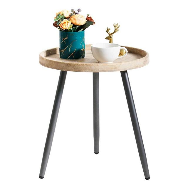 LITA Log Desktop Round Side End Table, Nightstand/Small Tables, Indoor Outdoor Round Side Table, Wooden Tray Table with Black Metal Stand End Table for Living Room Bedroom Office Small Spaces (M)