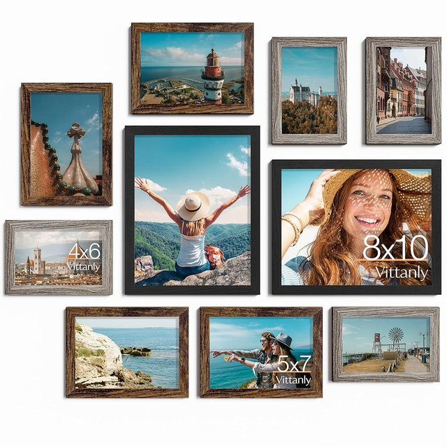 Vittanly Picture Frames Set of 10, Picture Frames Collage Wall Decor with Two 8x10, Four 5x7 and Four 4x6 Photo Frames, Gallery Wall Frame Set for Wall or Tabletop Display, Black, Brown and Dark Grey